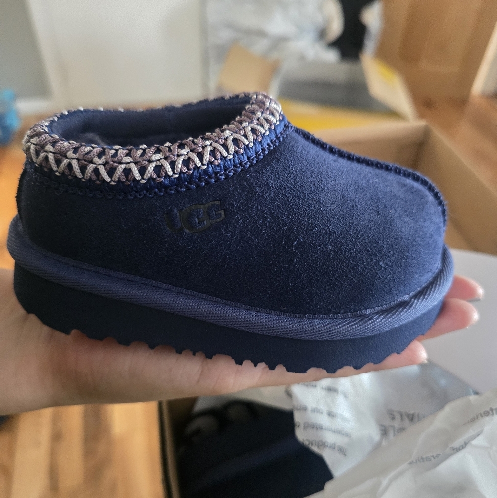 UGG Kids Blue Slippers with Woven Trim